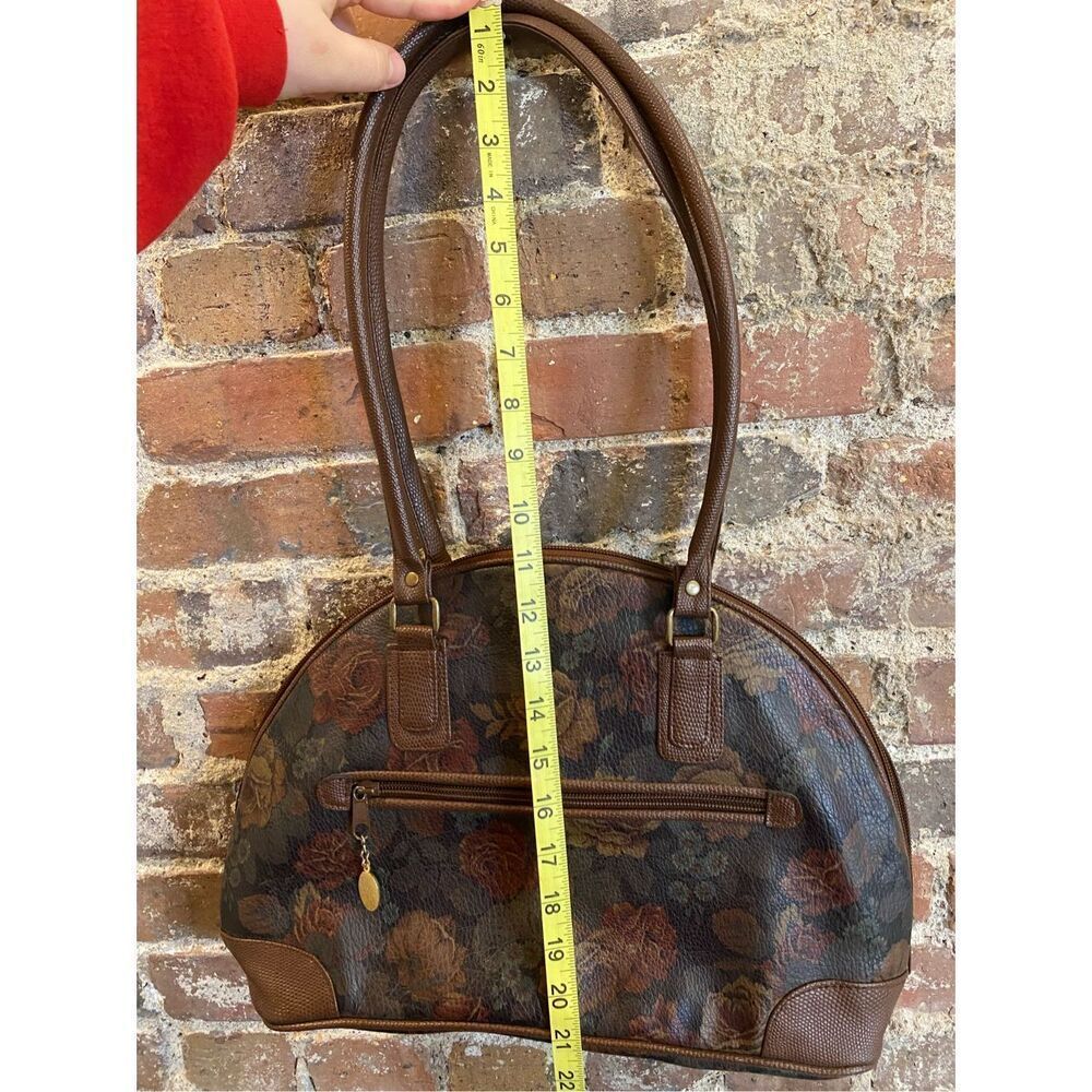 SUN Rose Floral Print Black Faux Leather Brown ‘Gator Trim Shoulder Bag - Picture 11 of 13